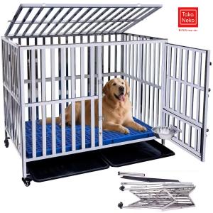 ペットケージ ステンレス鋼 犬のケージ 大型 犬 フェンス 折りたたみ可能 キャスター付き 掃除簡単 ダブルドア/トレー/マット/給餌