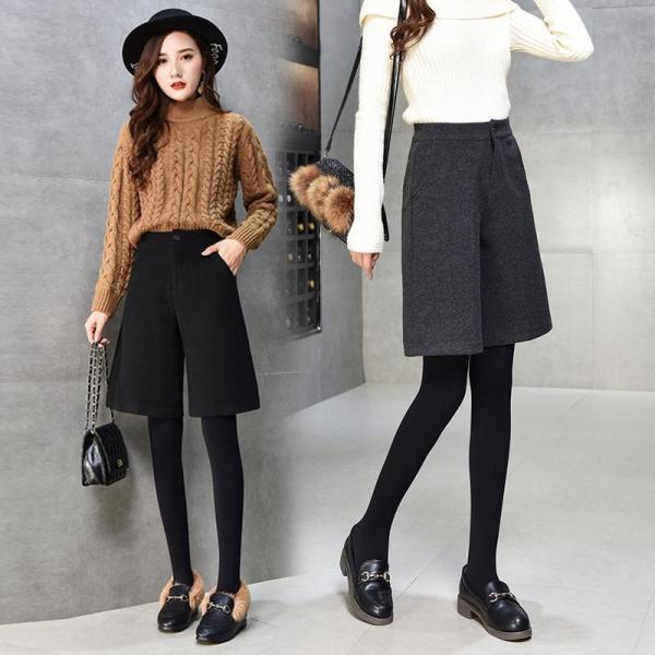 ハーフパンツレディース春秋ウールメルトンハイウエストゆったりワイドパンツショートパンツきれいめ大人3...