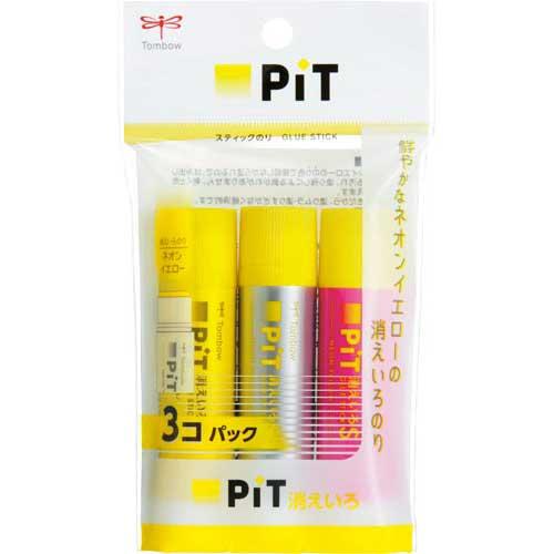 トンボ鉛筆 スティックのり　消えいろピットＳネオンイエロー３Ｐ