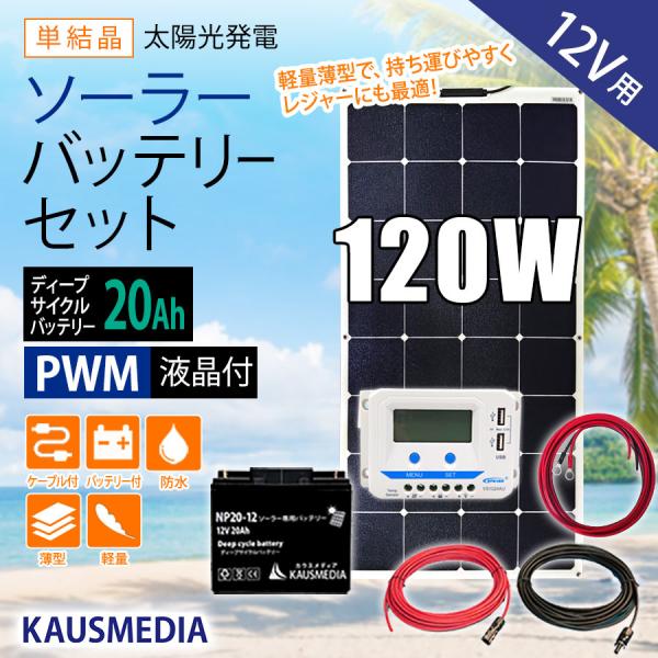 120W ソーラーパネル ソーラー充電 バッテリーセット 軽量 薄型 セミ フレキシブル 20Ah ...