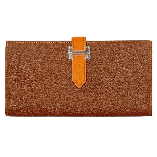 未使用 エルメス 財布 HERMES ベアン スフレ 長財布 ブラウン × オレンジ 2色 シルバー...