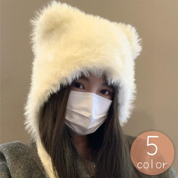 ニット帽 ニットキャップ レディース 女性 帽子 猫耳 ネコ耳 リボン付き 紐 フェイクファー ふさ...