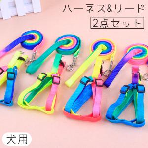 ハーネス リード 2点セット 犬 いぬ イヌ ペット用品 胴輪 レインボー カラフル 七彩 散歩 お出かけ 紐 ロープ 調節可能 かわいい おしゃれ
