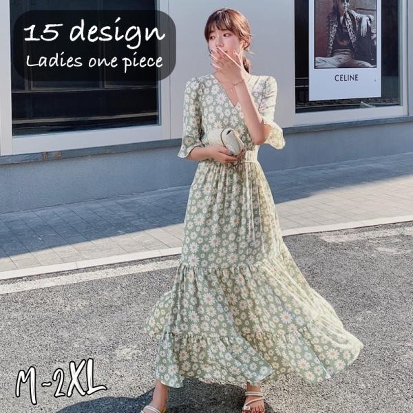 ワンピース 五分袖 ロング丈 ミモレ丈 レディース Vネック 総柄 花柄 リーフ ハート シフォン ...