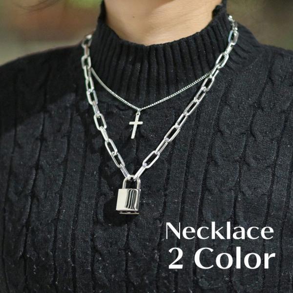 ネックレス 2連 レディース メンズ 男女兼用 アクセサリー 南京錠 クロス チェーン シルバーカラ...