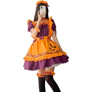 ハロウィン メイド服 オレンジ コウモリ コスプレ ハロウィン 仮装 レディース エプロン カチュー...