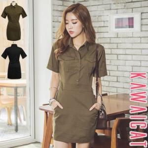 フロントのポケットディティールがポイント♪カジュアルながらスタイリッシュなポケットシャツワンピース ...