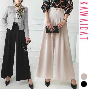 パンツ レディース ボトムス スラックス ワイドパンツ ロング丈 フレア タック スカーチョ スカンツ ハイウエスト 上品 オフィス 春 秋 韓国 to25627