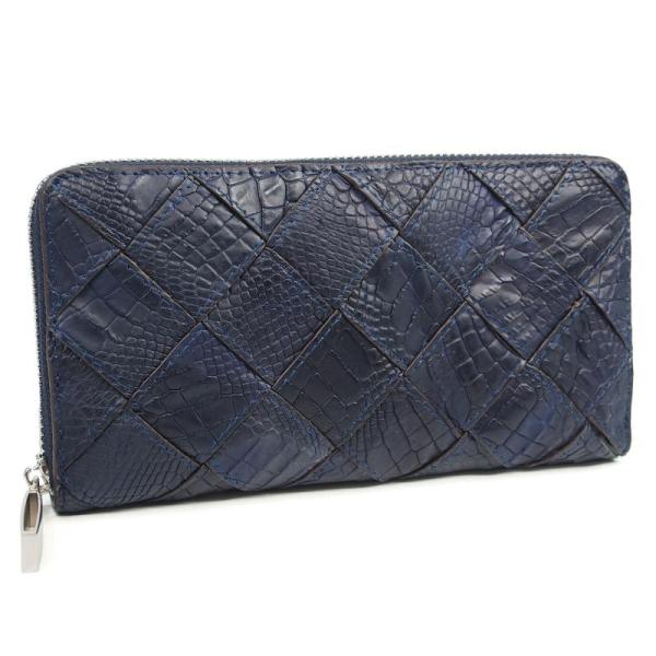 クロコダイル ラウンドファスナー 長財布 NAVY ネイビーメッシュ 大容量 カード収納12 本革 ...