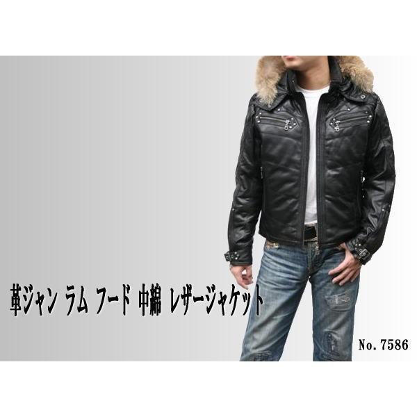 革ジャン メンズ レザージャケット 本革 中綿ジャケット ブラック 黒 ファー　フード付き 7586