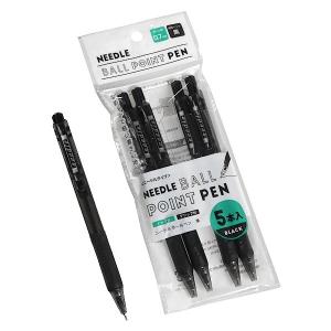 ニードルボールペン ノック式 黒 油性 ボール径0.7mm 5本入 (100円ショップ 100円均一 100均一 100均)｜kawauchi