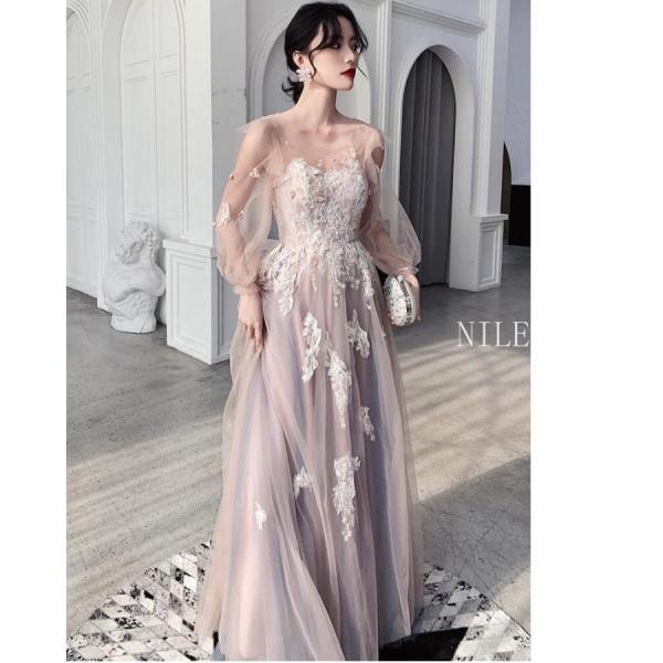 袖あり パーティードレス マキシワンピース 結婚式ドレス Aライン ウエディングドレス ロングドレス...