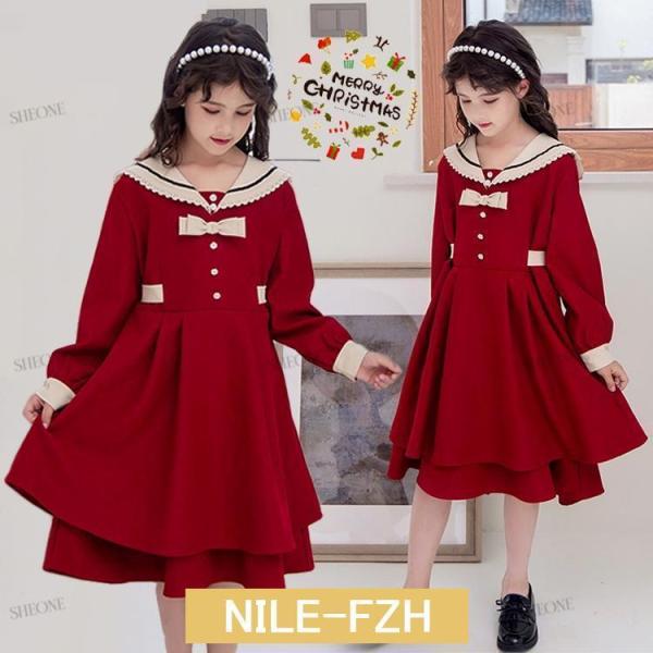 女の子 クリスマス ワンピース キッズ 長袖 衣装 秋冬 ワンピース リボン 赤 黒  レッド ドレ...