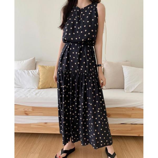 ワンピース マキシ丈ワンピース レディース シフォン ドット柄 水玉 ロングワンピース ノースリーブ