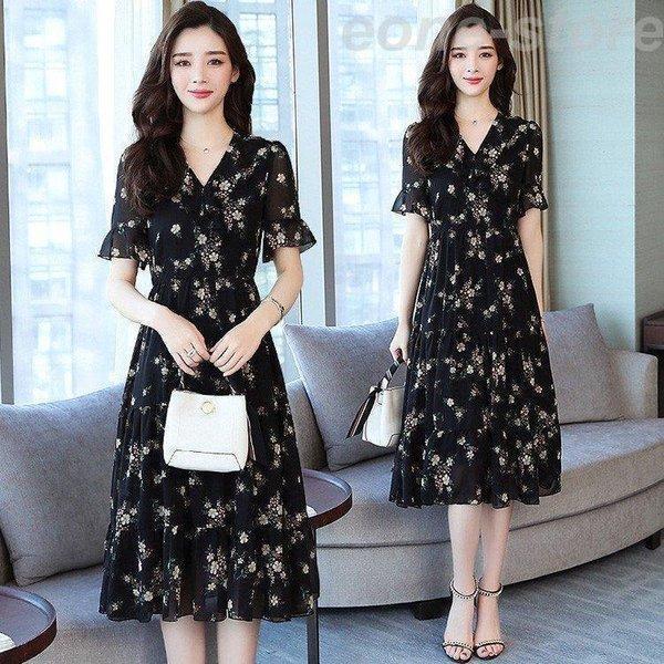 ワンピース レデイース マキシワンピース 花柄 夏 シフォン Vネック フレア袖 大きいサイズ 体型...