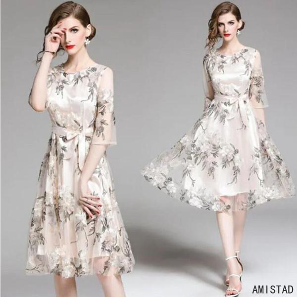 結婚式 ドレス ワンピース 二次会 フォーマル 膝丈 パーティードレス 花柄　刺繍 ブライズメイド ...