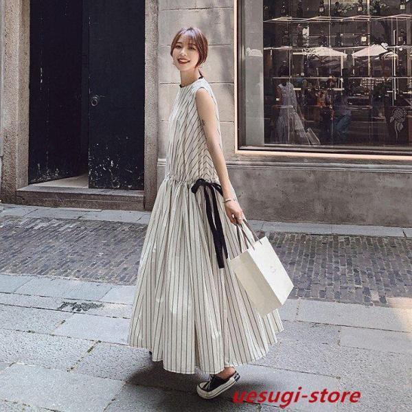 マキシワンピース ワンピース ロング レディース 夏 ノースリープ 蝶結び マキシ丈 フレア 韓国風...