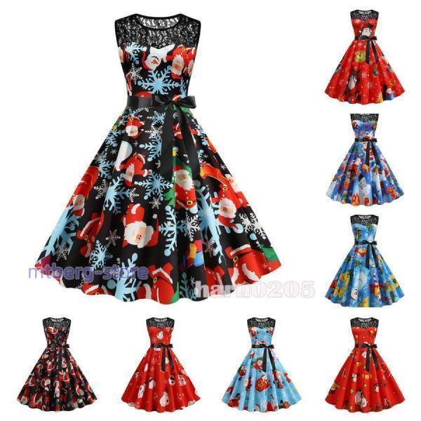 クリスマス衣装 レディース ガールズ ワンピース レース 袖無し 雪柄 サンタ プリント 仮装 コス...