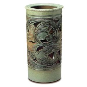 唐草透し彫傘立 (緑かすみ釉) （信楽焼き・陶器・傘立・梅雨・玄関
