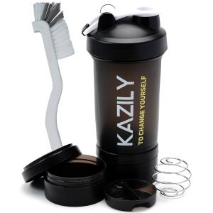 KAZILY(カズリー) プロテイン シェイカー シェーカーボトル シェイカーボール付き サプリメントトレー（×2）付き 大容量 600ml (ブラシあり)