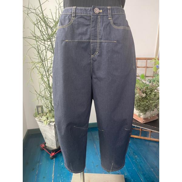 センソユニコ　イム　センソ　中古　ボトムス　パンツ 　デニム風　黄色ステッチ　前ファスナー　後ろゴム...