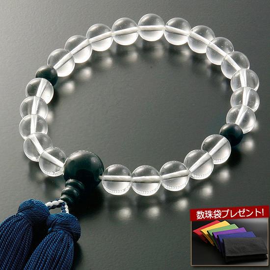 数珠 男性用 みやこ房 本水晶 青虎目仕立て 念珠袋付き Ｍ-026