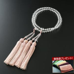 京仏壇はやし 数珠 女性用 浄土真宗 二連 八寸 本水晶 2色房（灰桜・白