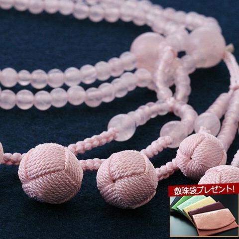 数珠 女性用 二連 日蓮宗 八寸 紅水晶 ローズクォーツ 本式数珠 念珠袋付き ＳＷ-051