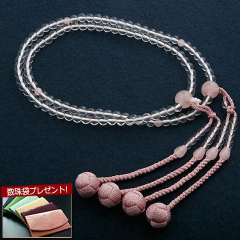 数珠 女性用 真言宗 二連 尺0 水晶・紅水晶 ローズクォーツ 入り 本式数珠 念珠袋付き ＳＷ-0...