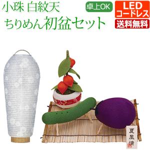 コンパクト 初盆セット 新盆セット 小珠 白紋天 ちりめん お盆飾りセット【T-1】 LED コードレス 盆提灯 ミニ かわいい お盆用品｜kb-hayashi