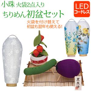 コンパクト 初盆セット 新盆セット 小珠 火袋２点セット（白紋天＆美濃菊または桔梗） ちりめん お盆飾りセット【T-4】LED コードレス 盆提灯 ミニ お盆用品｜kb-hayashi