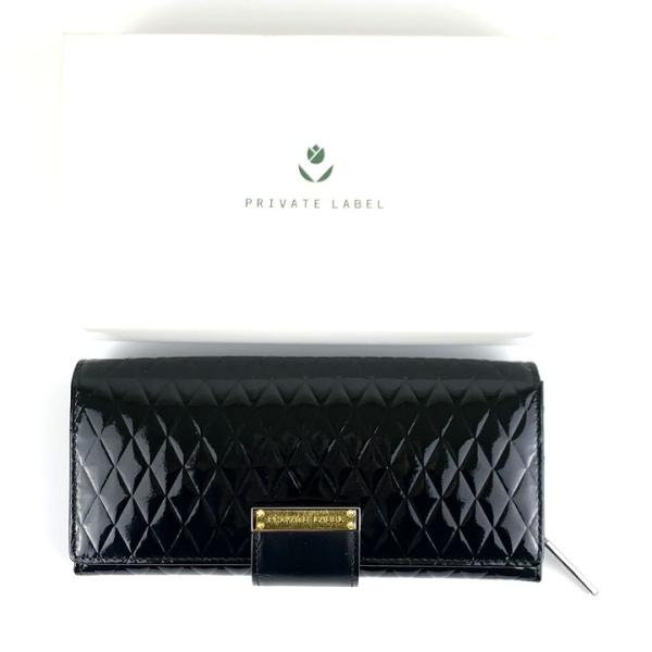 プライベートレーベル 長財布 エナメル キルティング 小銭入れあり ロングウォレット 黒 レディース...