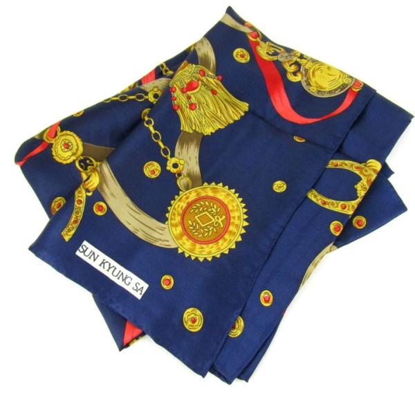 サンキュンサ スカーフ 総柄 シルク ブランド 小物 レディース ネイビー SUN KYUNG SA