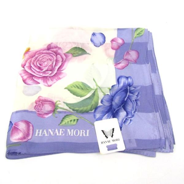 ハナエモリ スカーフ シルク 未使用 花柄 ブランド レディース パープル HANAE MORI 森...