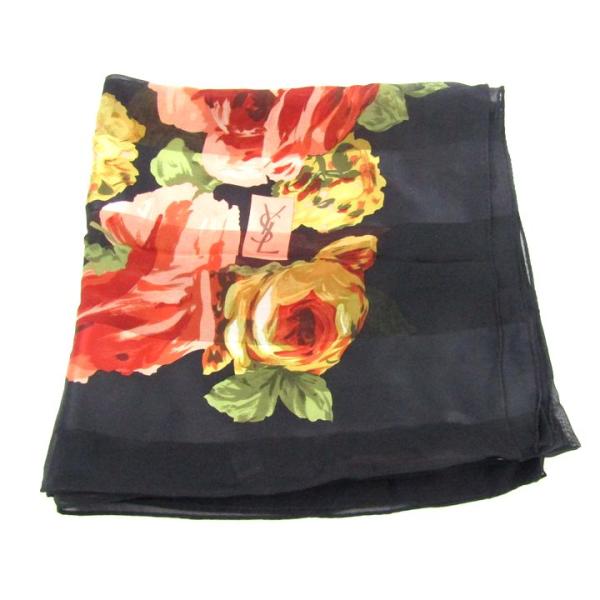 イヴ・サンローラン スカーフ ショール シルク ストライプ 花柄 大判 ブランド レディース ブラッ...