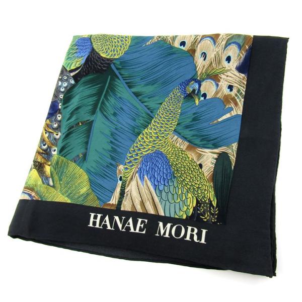 ハナエモリ スカーフ シルク 日本製 孔雀 ピーコック柄 ブランド レディース ブラック/ネイビー ...