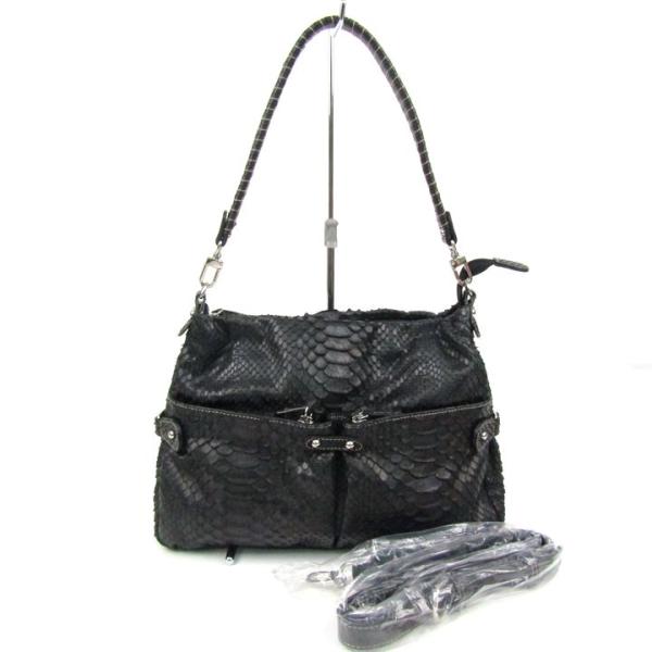 パイソン レザー 本革 ショルダーバッグ 未使用 2way 鞄 黒 レディース ブラック Pytho...