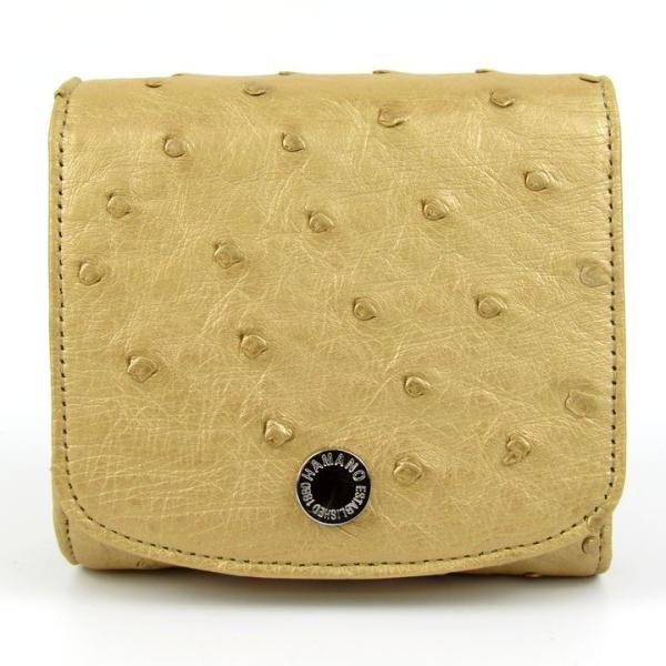 ハマノ 三つ折り財布 オーストリッチ レザー ウォレット ブランド レディース ゴールド HAMAN...