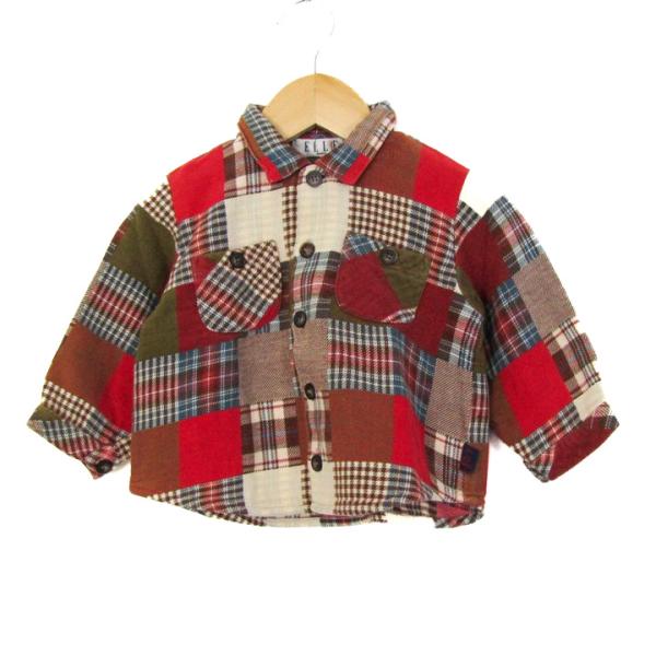 エル 長袖シャツ トップス チェック柄 パッチワーク ベビー 男の子用 80サイズ 茶×赤×ベージュ...