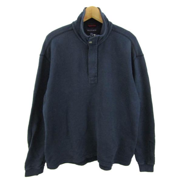 ヒルフィガー スウェット トレーナー トップス ハイネック ハーフボタン メンズ Lサイズ ネイビー...