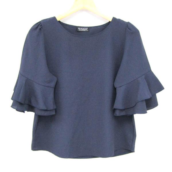 ミラクルクローゼット ブラウス シャツ フリル 半袖 トップス レディース Mサイズ ネイビー MI...