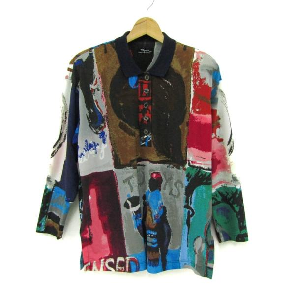 トピィーズ 長袖シャツ トップス ハーフボタン 総柄 日本製 レディース Sサイズ 赤×黒×緑 To...