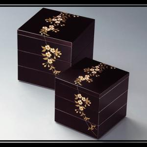 未使用 輪島塗 牡丹 沈金 二段 輪島塗重箱 牡丹唐草 布着せ 本堅地