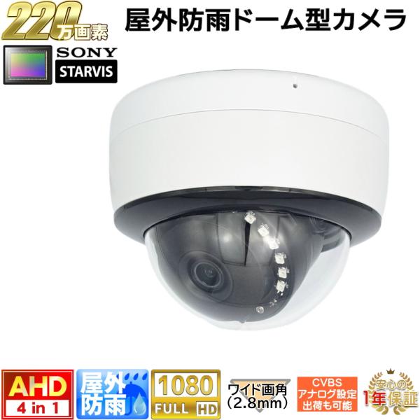 防犯カメラ 屋外防雨ドーム型監視カメラ 220万画素 AHD・アナログ出力可能 赤外線LED内蔵 水...