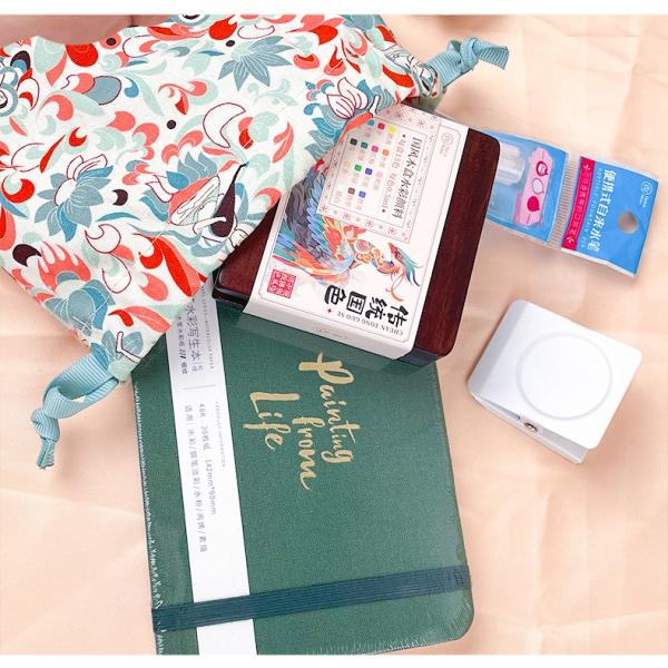 トラベル水彩アソート　15色絵の具+300gスケッチブック+水筆ペン+キャンバス生地巾着+クリップ　...