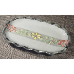 彩クレマチスフリル焼き物皿 [美濃焼/日本製/陶磁器/和食器/変形/楕円/手業/グレー/花/和風/中...