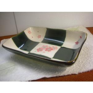 長角鉢・織部格子桜21.2ｃｍ　[美濃焼/日本製/陶磁器/和食器/和風/グリーン/緑/煮物鉢/菓子鉢...