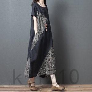 【特価】ワンピースレディース夏マキシワンピース半袖ワンピース綿麻切り替え丸首ビッグシルエットエスニッ...