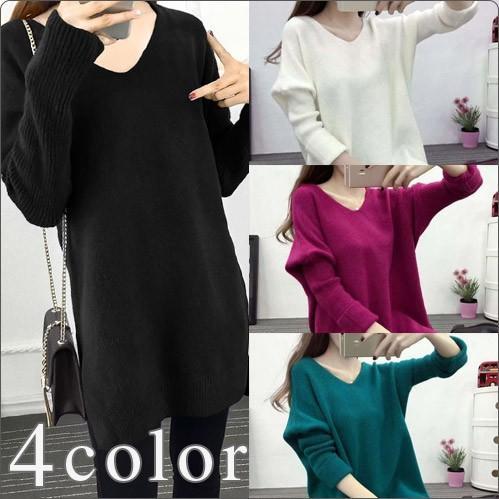 【値下げ】ロングニット ミニワンピース ラウンドネック Uネック ゆったり ニット チュニック シン...