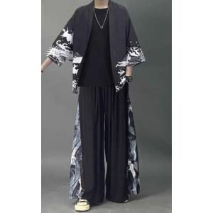 甚平 夏新作 ジャージ メンズ 上下セット 2点 セットアップ リネン 和服風 七分袖 刺繍 鶴柄 お祭り 花火大会 夏物 薄手 涼しい